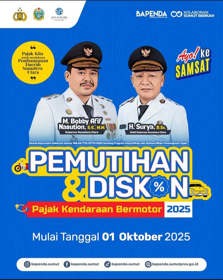 Pemprov Sumut Berlakukan Program Pemutihan dan Diskon Pajak Kendaraan Bermotor Mulai 1 Oktober 2025